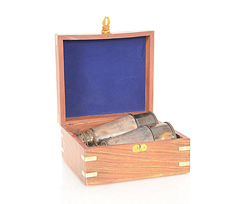 Wooden Box - 5" x 5.25" x 2.25" Binocular w leather overlay in Wood Box