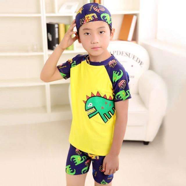 3PC Baby Boys Cartoon Swimwear Set With Hat Short Sleeve Toddler Swimsuit Set Kids Swimwear Rashguard Set For Baby Boys-Dinosaur 1-12M-JadeMoghul Inc.
