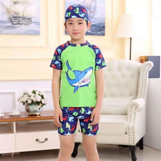 3PC Baby Boys Cartoon Swimwear Set With Hat Short Sleeve Toddler Swimsuit Set Kids Swimwear Rashguard Set For Baby Boys-Shark 3-12M-JadeMoghul Inc.