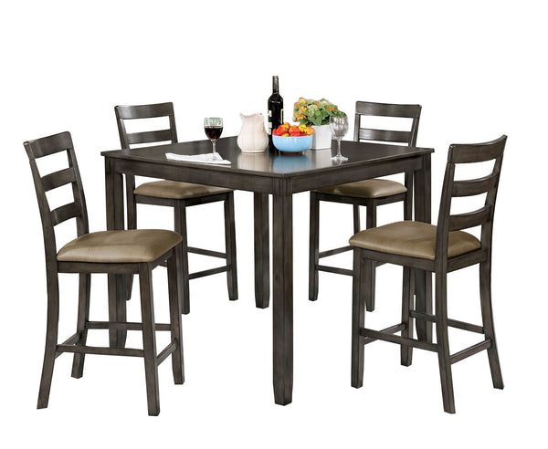 5-Piece Wooden Counter Height Table Set In Gray-Dining Tables-Gray-Solid Wood Wood Veneer & Leather-JadeMoghul Inc.