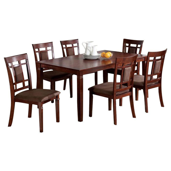 7 Piece Dining Table and Side Chair with Coffee Fabric Cushion, Dark Cherry Finish-Dining Sets-Dark Cherry Finish-Microfiber Solid Wood Wood Veneer & Others-JadeMoghul Inc.