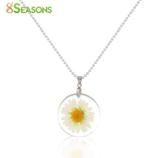 8SEASONS Handmade Boho Transparent Resin Dried Flower Daisy Necklace Ball Chain Silver Color White Round 45cm long, 1 Piece-white-JadeMoghul Inc.