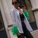 Green Feathers on the Cuffs Womens Blouses Long Sleeves Women&