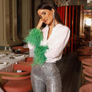 Green Feathers on the Cuffs Womens Blouses Long Sleeves Women&