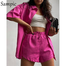 Sampic Loung Wear Tracksuit Women Shorts Set Stripe Long Sleeve Shirt Tops And Waist Loose High Mini Shorts Two Piece Sets 2021