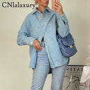 CNlalaxury 2022 Spring Denim Shirt Coat Women Long Sleeve Pocket Cardigan Streetwear BF Jean Jacket Harajuku Cowboy Outwear Tops