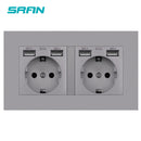 SRAN eu 2gang Power socket,16A electrical plug grounded Hide LED indicator,double Socket with USB, 146*86mm pc panel wall socket