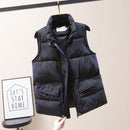 Solid Short Style Vest for Women Cotton Padded Women's Winter Sleeveless Jacket with Zipper Stand Collar Casual Coats