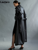 Lautaro Autumn Extra Long Oversized Black Faux Leather Trench Coat for Women Long Sleeve Belt Double Breasted Loose Fashion 2021