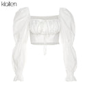 KLALIEN Spring Summer Fashion Elegant French Romantic Floral Puff Sleeve Square Collar Women Blouses New White Chiffon Shirt