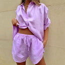 Cotton and Linen suit 2021 Women Solid Clothes Set Half Sleeve Lapel Neck Button-up Shirt+Irregular Hem Drawstring Shorts Sets