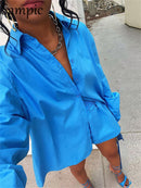 Sampic Women Blue Suit 2022 Casual Loose Long Sleeve Shirt Summer Tops And Mini Shorts Fashion Tracksuit Two Piece Set Outfits