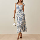Dresses For Women 2022 Elegant Vintage Floral Dress Frill Sweetheart Neck Sleeveless Strap Tie Ruffle Hem Summer Beach Dress