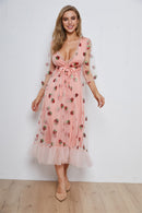 ISAROSE 2022 Strawberry Dress Women Deep V Puff Sleeve Sweet Voile Mesh Sequins Embroidery French Party Dresses 4XL 5XL