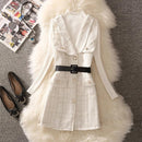 Vintage Mid-Length Plaid Tweed Vest Jacket Women 2 Piece Set Elegant Pearl Button Belted Unlined Waistcoat And Knitted Sweater