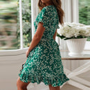 Women Dresses Summer 2022 Sexy V Neck Floral Print Boho Beach Dress Ruffle Short Sleeve A Line Mini Dress Wrap Sundress Robe