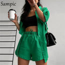 Sampic Loung Wear Tracksuit Women Shorts Set Stripe Long Sleeve Shirt Tops And Waist Loose High Mini Shorts Two Piece Sets 2021