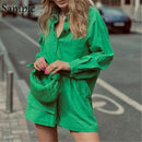 Sampic Loung Wear Tracksuit Women Shorts Set Stripe Long Sleeve Shirt Tops And Waist Loose High Mini Shorts Two Piece Sets 2021