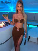 Hugcitar Sexy Strapless Crop Tube Top High Waist Slit Maxi Dress 2 Pcs Suits 2022 Fall Women Fashion Streetwear Vestido Y2K
