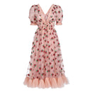ISAROSE 2022 Strawberry Dress Women Deep V Puff Sleeve Sweet Voile Mesh Sequins Embroidery French Party Dresses 4XL 5XL