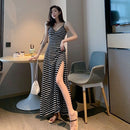 New Solid Black Dress with Suspender Sexy Gentle V-Neck Retro Long Dresses with Side Slit Beach Party 2022 Summer New Clothes