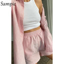 Sampic Loung Wear Tracksuit Women Shorts Set Stripe Long Sleeve Shirt Tops And Waist Loose High Mini Shorts Two Piece Sets 2021