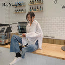 Beiyingni 2022 Spring Autumn Women Shirts White Plain Loose Oversized Blouses Female Tops Loose BF Korean Style Blusas Pockets