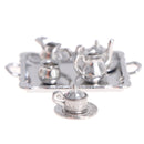 10Pcs/Set 1/12 Dollhouse Miniature Silver Metal Tea Coffee Tray Tableware Set For Dollhouse Decoration