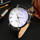 Men Watch Roman Numerals Blu-Ray Faux Leather Band Quartz Analog Business WristWatch
