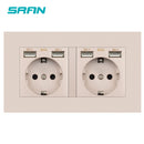 SRAN eu 2gang Power socket,16A electrical plug grounded Hide LED indicator,double Socket with USB, 146*86mm pc panel wall socket