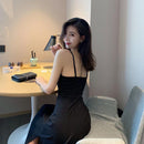 New Solid Black Dress with Suspender Sexy Gentle V-Neck Retro Long Dresses with Side Slit Beach Party 2022 Summer New Clothes