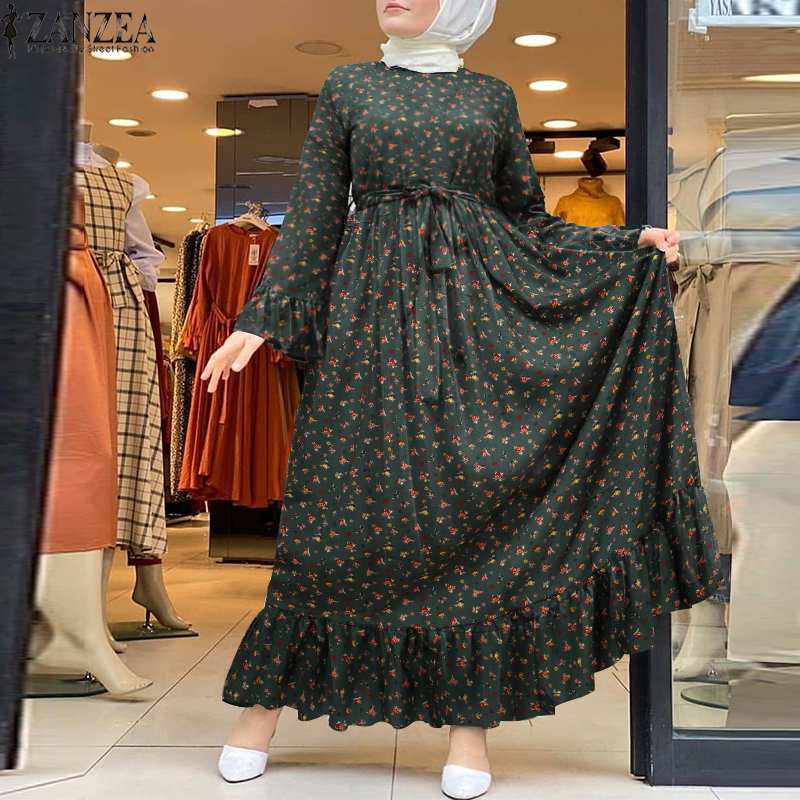 ZANZEA Dubai Turkey Abaya Hijab Dress Vintage Floral Printed Maxi Dres