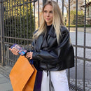 FTLZZ New Spring Women Faux Leather Jacket Biker Red White Coat Turndown Collar PU Motorcycle Jackets Loose Streetwear Outerwear