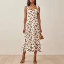 Dresses For Women 2022 Elegant Vintage Floral Dress Frill Sweetheart Neck Sleeveless Strap Tie Ruffle Hem Summer Beach Dress