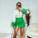 Green Feathers on the Cuffs Womens Blouses Long Sleeves Women&