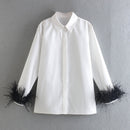 Green Feathers on the Cuffs Womens Blouses Long Sleeves Women&