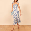 Dresses For Women 2022 Elegant Vintage Floral Dress Frill Sweetheart Neck Sleeveless Strap Tie Ruffle Hem Summer Beach Dress
