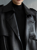 Lautaro Autumn Extra Long Oversized Black Faux Leather Trench Coat for Women Long Sleeve Belt Double Breasted Loose Fashion 2021