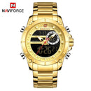 NAVIFORCE Luxury Original Men Sports Wrist Watch Gold Quartz Steel Waterproof Dual Display Clock Watches Relogio Masculino 9163