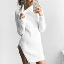 HongMiao 2018 Winter New Casual Lady Wool Dress Solid Color High Collar Long Sleeve Knit Wool Split Dress Female C69