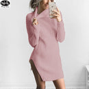 HongMiao 2018 Winter New Casual Lady Wool Dress Solid Color High Collar Long Sleeve Knit Wool Split Dress Female C69