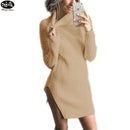 HongMiao 2018 Winter New Casual Lady Wool Dress Solid Color High Collar Long Sleeve Knit Wool Split Dress Female C69