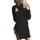 HongMiao 2018 Winter New Casual Lady Wool Dress Solid Color High Collar Long Sleeve Knit Wool Split Dress Female C69