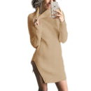 HongMiao 2018 Winter New Casual Lady Wool Dress Solid Color High Collar Long Sleeve Knit Wool Split Dress Female C69