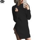 HongMiao 2018 Winter New Casual Lady Wool Dress Solid Color High Collar Long Sleeve Knit Wool Split Dress Female C69