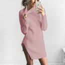 HongMiao 2018 Winter New Casual Lady Wool Dress Solid Color High Collar Long Sleeve Knit Wool Split Dress Female C69