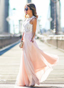 Summer Bohemian Dress Fit Flare Lace Sleeveless Ladies Beachwear Solid Floor-Length Elegant Party Dress