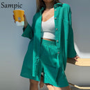 Sampic Loung Wear Tracksuit Women Shorts Set Stripe Long Sleeve Shirt Tops And Waist Loose High Mini Shorts Two Piece Sets 2021
