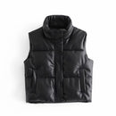 Black Stand Collar Vests Women Fashion Zipper PU Leather Coats Women Elegant Autumn Winter Short Vests Female Ladies