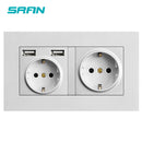 SRAN eu 2gang Power socket,16A electrical plug grounded Hide LED indicator,double Socket with USB, 146*86mm pc panel wall socket